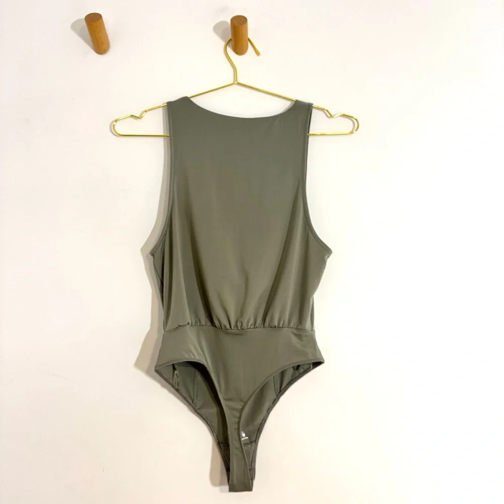 Free People When & Where Laurel Oak Bodysuit Olive Green Drapey Sleek Sleeveless - Picture 6 of 13